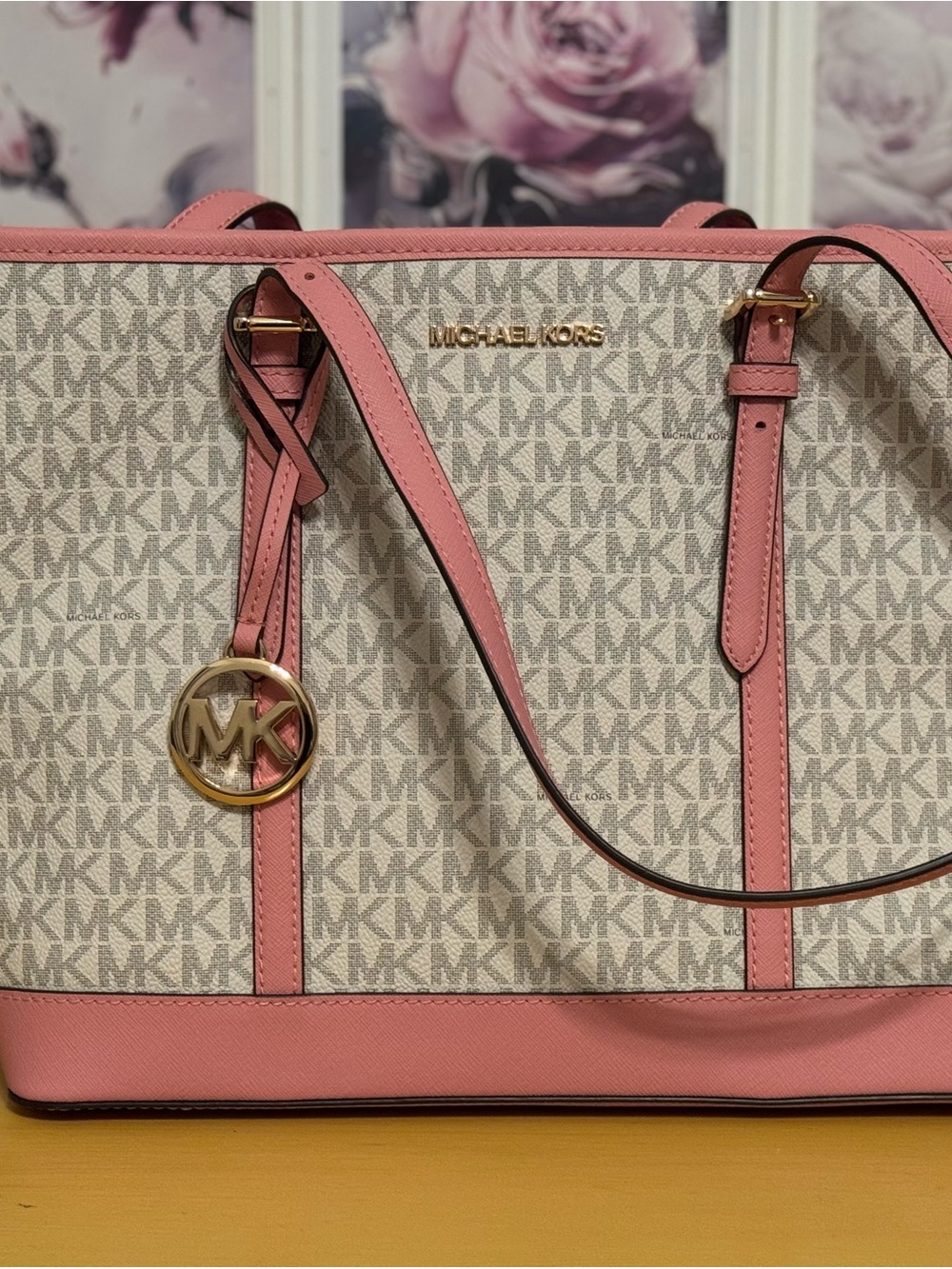Michael Kors Pink and Beige MK Logo Tote